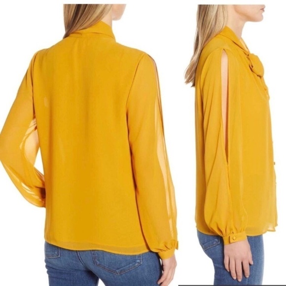 Vince Camuto Cold Shoulder Tie Neck Yellow Top XS - Picture 2 of 11